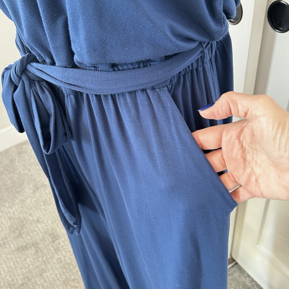 LOFT Blue Wide Leg Jumpsuit Women's LARGE Elastic Waist Pockets Strappy Back - Picture 5 of 11